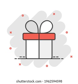 Gift box icon in comic style. Present package cartoon vector illustration on white isolated background. Surprise splash effect business concept.