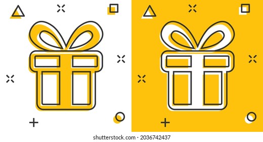 Gift box icon in comic style. Present package vector cartoon illustration on white isolated background. Surprise business concept splash effect.