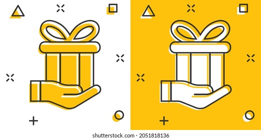 Gift box icon in comic style. Present on hand cartoon vector illustration on white isolated background. Surprise splash effect business concept.