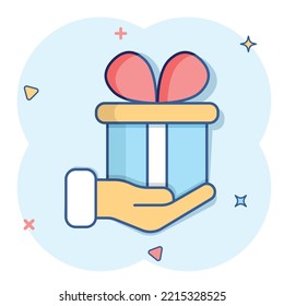 Gift box icon in comic style. Present on hand cartoon vector illustration on white isolated background. Surprise splash effect business concept.