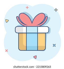 Gift box icon in comic style. Present package cartoon vector illustration on white isolated background. Surprise splash effect business concept.