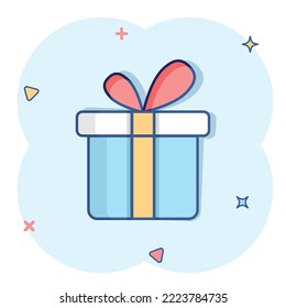 Gift box icon in comic style. Present package cartoon vector illustration on white isolated background. Surprise splash effect business concept.