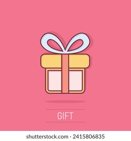 Gift box icon in comic style. Present package vector cartoon illustration on isolated background. Surprise business concept splash effect.