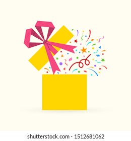 Gift box icon with confetti. Surprise package with ribbon and bow. Present box for Christmas or Birthday celebration. Party, greeting card design element. Vector illustration.