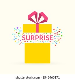 Gift box icon with confetti. Surprise package with ribbon and bow. Present box for Christmas or Birthday celebration. Party, greeting card design element. Vector illustration.
