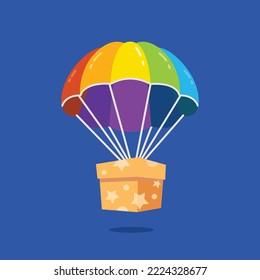 Gift box icon delivered by flying parachute. Illustration of sending gifts.