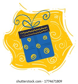 Gift box icon design template with ribbon. Gift card icon vector for any holiday or congratulations. Symbol, logo, typography design in cartoon style. Giveaway. Stock vector illustration.