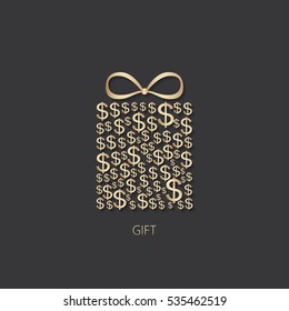 Gift box icon with dollar sign on dark background. Vector illustration.