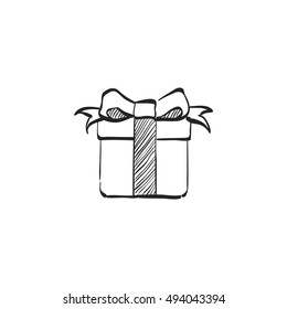 Gift Box Icon In Doodle Sketch Lines. Holiday Christmas Birthday Party Present Surprise