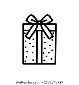 Gift Box Icon with Dots Pattern, Hand Drawn Christmas Gift Minimalist Vector, Cute Ribbon Tied Gift Icon, Line Art Style Gift Box Illustration