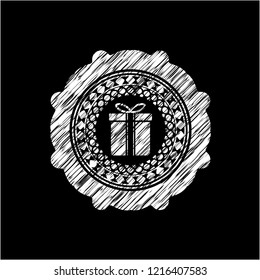 gift box icon drawn chalk emblem, retro style, chalk or chalkboard texture