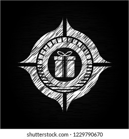 gift box icon drawn chalk emblem, retro style, chalk or chalkboard texture