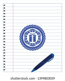 gift box icon emblem draw with pen effect. Blue ink. Vector Illustration. Detailed.