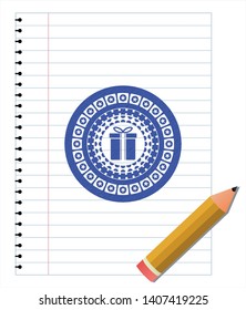 gift box icon emblem draw with pen effect. Blue ink. Vector Illustration. Detailed.