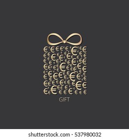 Gift box icon with euro money sign on dark background. Vector illustration.