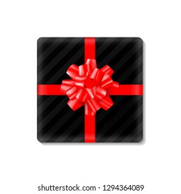 Gift box icon, flat design template, realistic symbol. Black gift present with red ribbon, vector illustration
