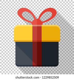 Gift box icon in flat style with red ribbon and long shadow on transparent background
