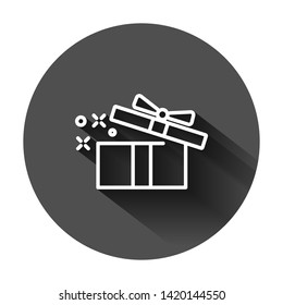 Gift box icon in flat style. Magic case vector illustration on black round background with long shadow. Present business concept.