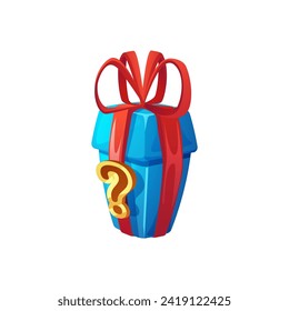 Gift box icon, game design element, vector illustration isolated on white background. Blue box with red ribbon and bow, present for holiday. Cartoon style object for app, ui and game interface