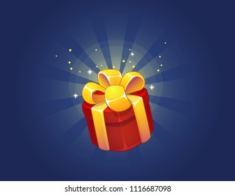 Gift Box Icon for a game interfaces. Funny cartoon gift box. Birthday present. Reward Vector icon. Getting rewards in  game. GUI set elements for mobile, video or web games. User Interface Icon Design