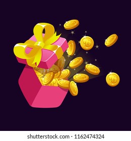 Gift Box Icon for a game interfaces. Funny cartoon colorful gift box with coin. Vector icon. GUI set elements for mobile, video or web games. Finance concept business. Flying gold coins. Treasure.