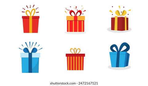 Gift box icon. Gifts and presents for holiday celebration and special sales offer. birthday celebration, special give away pack Isolated birthday or anniversary box with wrapping paper and ribbon bow.