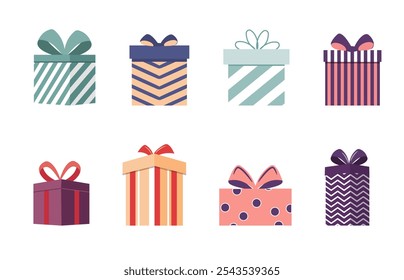 Geschenkbox-Symbol. Geschenke und Geschenke für Feiertage und Sonderangebote. Geburtstagsfeier, spezielle Schenken Packung Isolierte Geburtstags- oder Jubiläumskiste mit Einwickelpapier und Schleifenbogen.