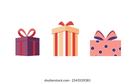 Gift box icon. Gifts and presents for holiday celebration and special sales offer. birthday celebration, special give away pack Isolated birthday or anniversary box with wrapping paper and ribbon bow.