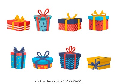 Gift box icon. Gifts and presents for holiday celebration and special sales offer. birthday celebration, special give away pack Isolated birthday or anniversary box with wrapping paper and ribbon bow.