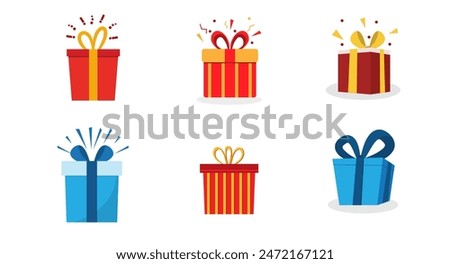 Gift box icon. Gifts and presents for holiday celebration and special sales offer. birthday celebration, special give away pack Isolated birthday or anniversary box with wrapping paper and ribbon bow.