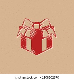 Gift box icon in halftone style. Grunge background vector illustration.