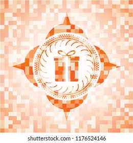 gift box icon inside abstract orange mosaic emblem with background