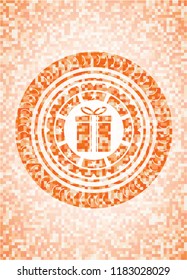 gift box icon inside abstract orange mosaic emblem with background
