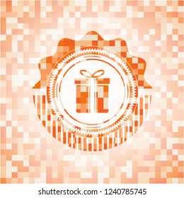 gift box icon inside abstract orange mosaic emblem with background