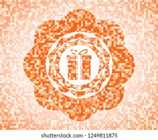 gift box icon inside abstract orange mosaic emblem with background