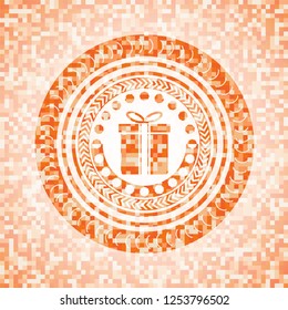 gift box icon inside abstract orange mosaic emblem