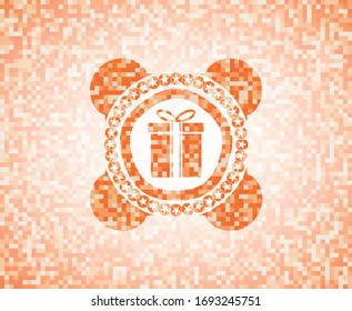 gift box icon inside abstract orange mosaic emblem with background