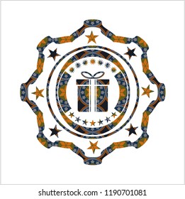 gift box icon inside arabesque emblem. arabic decoration.