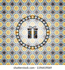 gift box icon inside arabesque emblem background. arabic decoration.