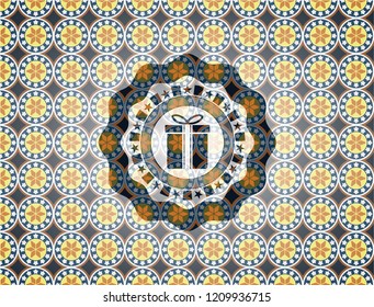 gift box icon inside arabesque badge background. arabic decoration.