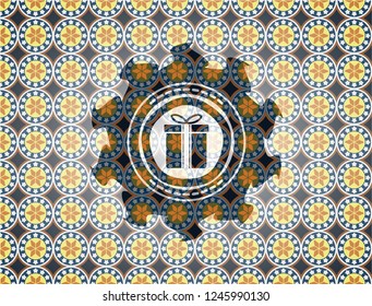gift box icon inside arabesque style badge. arabic decoration.