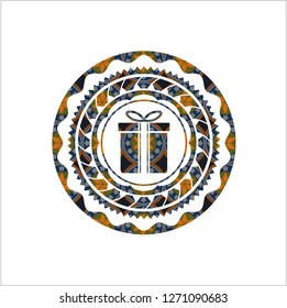 gift box icon inside arabesque style badge. arabic decoration.