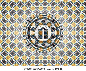 gift box icon inside arabesque emblem background. arabic decoration.