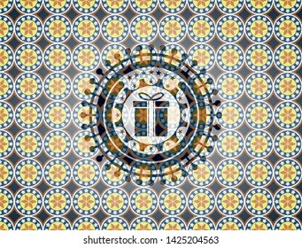 gift box icon inside arabic emblem background. Arabesque decoration.