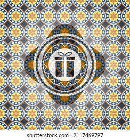 gift box icon inside arabic emblem. Arabesque decoration. 