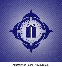 gift box icon inside badge with denim background