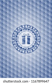 gift box icon inside blue polygonal badge.