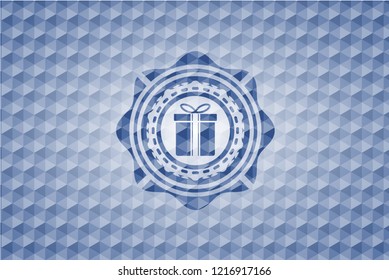 gift box icon inside blue polygonal badge.