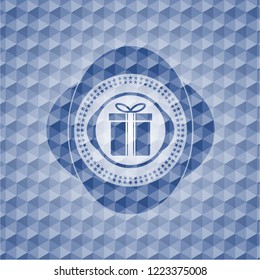 gift box icon inside blue emblem with geometric background.