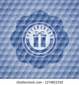 gift box icon inside blue emblem with geometric pattern.